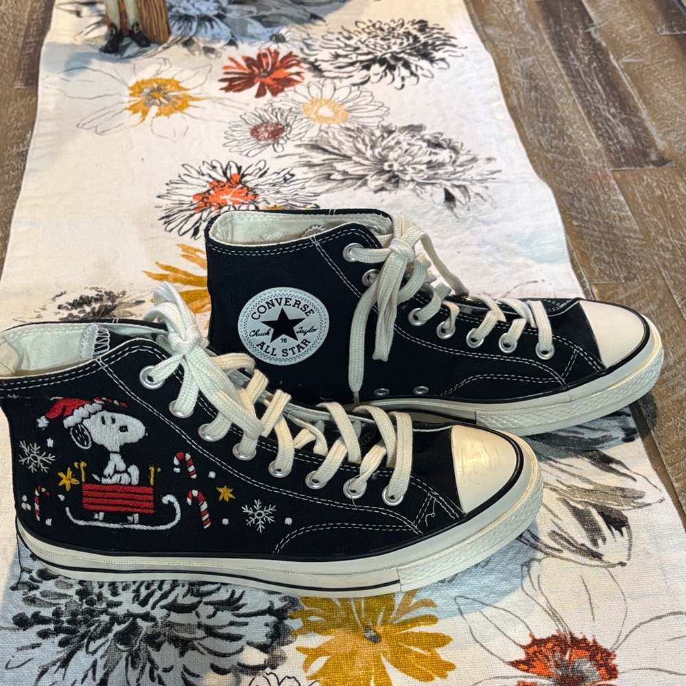 Christmas Converse Black High-Tops with Festive Snoopy Design. Hand embroidered